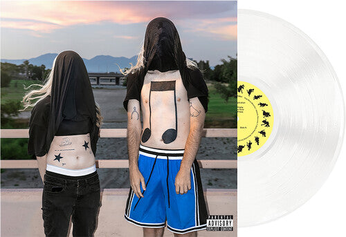 Two people with tattoos of musical notes on a scenic background, with a vinyl record featuring a yellow label on the right.
