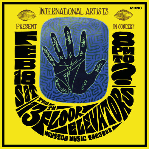 Album cover with blue hand illustration and text on a yellow background