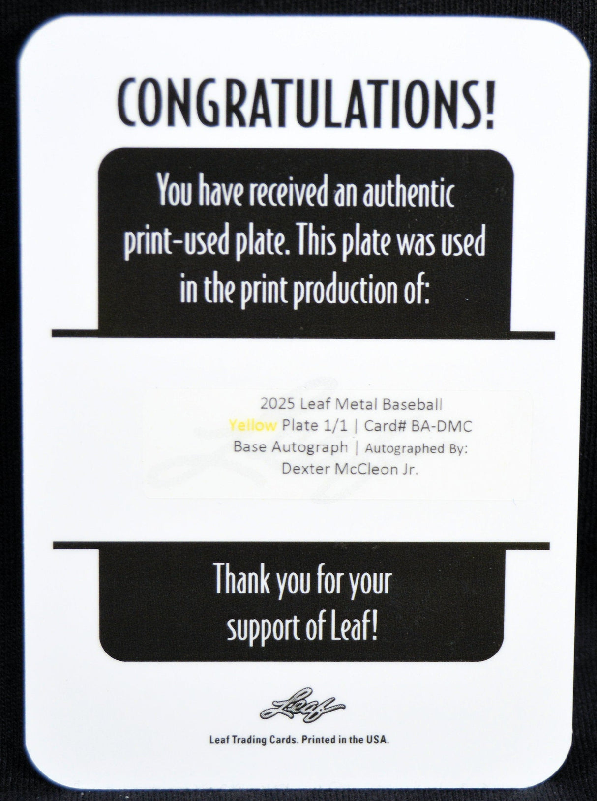Back of 2025 Leaf Metal Baseball Yellow Printing Plate 1/1 for Dexter McCleon Jr.