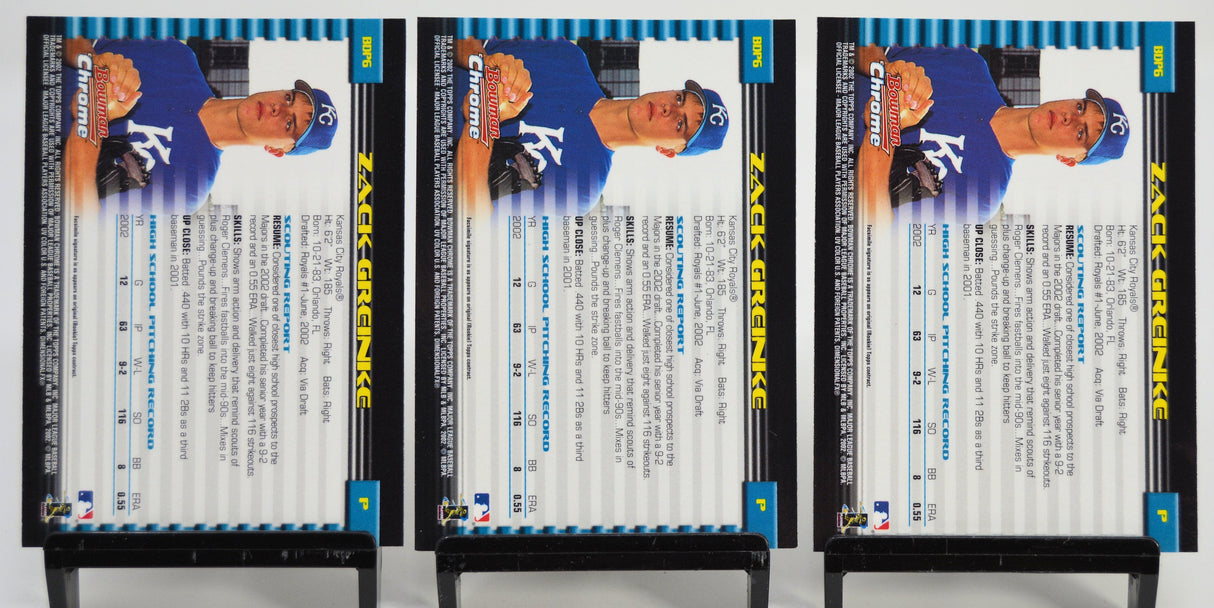 Back view of three 2002 Bowman Chrome Zack Greinke rookie cards displaying stats and biography