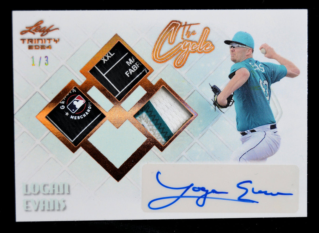 Logan Evans 2024 Leaf Trinity The Cycle card with autograph, MLB patch, and serial number 1/3