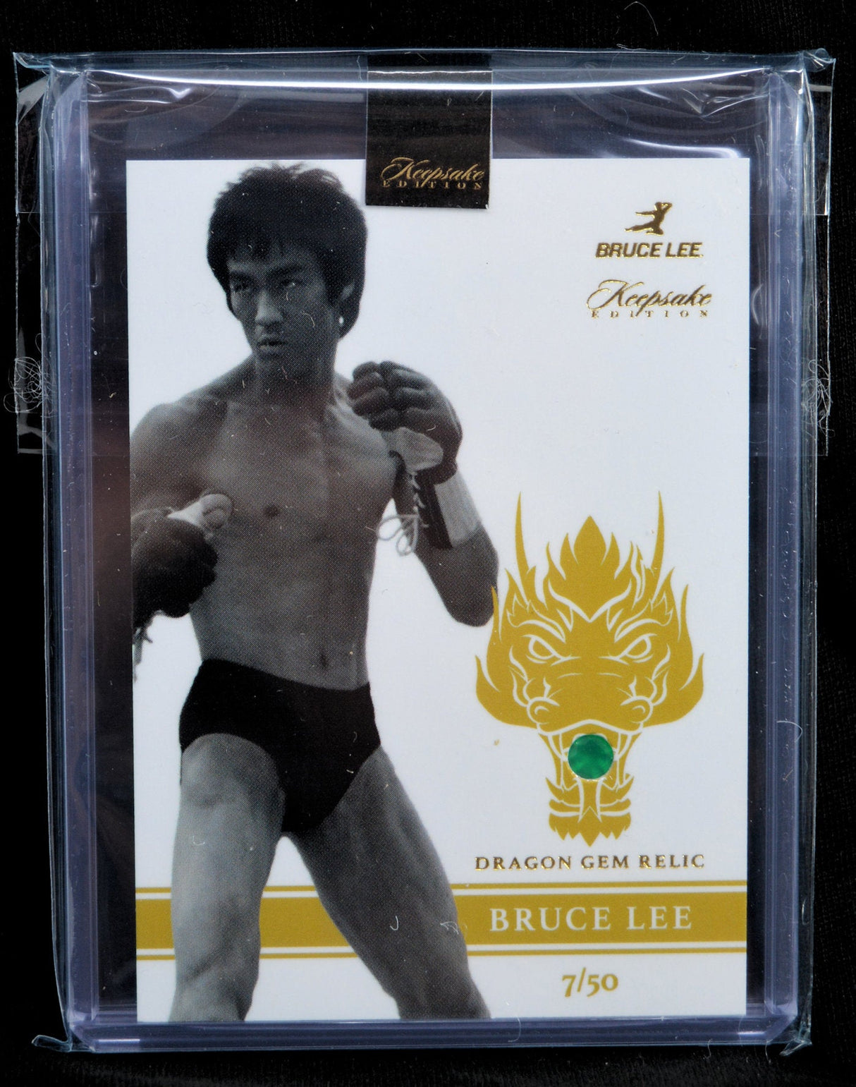 Limited edition Bruce Lee Dragon Gem Relic trading card with green onyx, numbered 7 out of 50