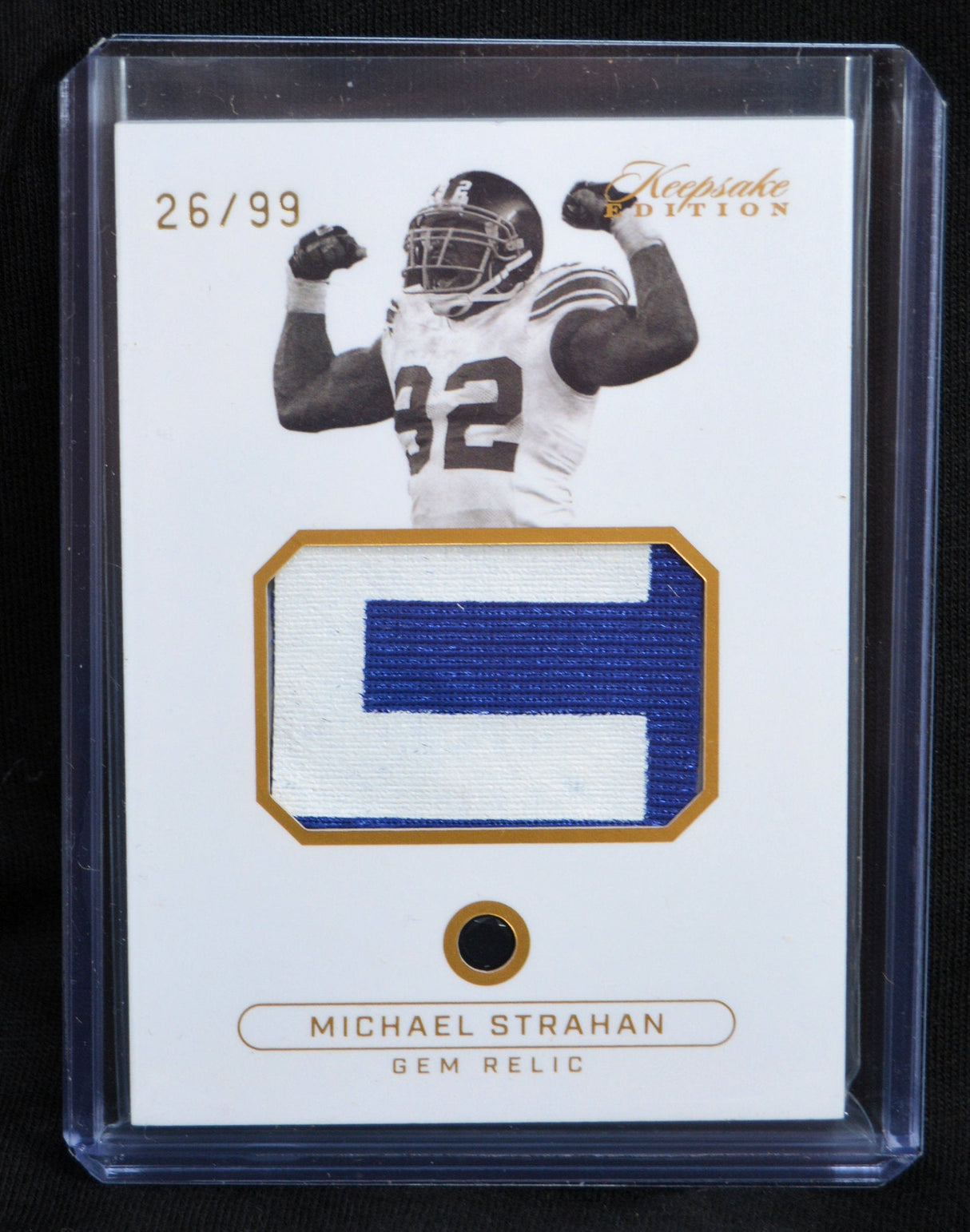 Michael Strahan Gem Relic Keepsake Edition sports card featuring jersey patch, numbered 26/99