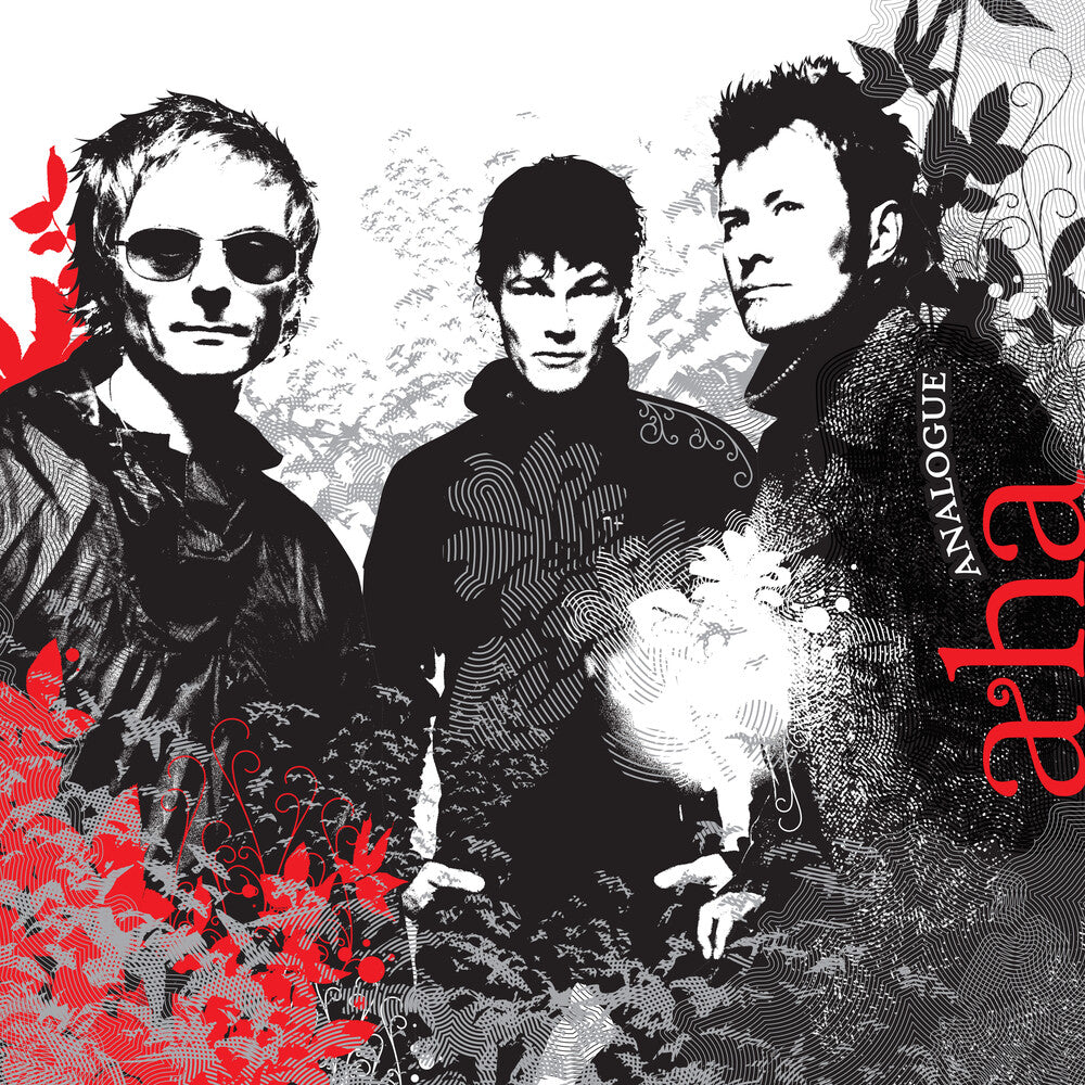 Black and white illustration of the members of Ah-Ha with red accents.