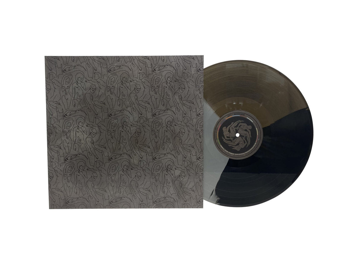 Vinyl record with a patterned cover on a white background