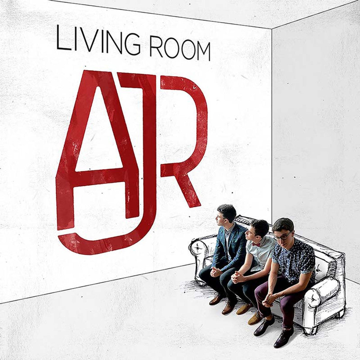 Detailed view of AJR Living Room album cover with the band seated on a couch