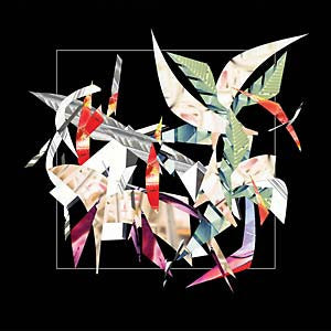 Abstract geometric collage with colorful cut-out shapes on a black background