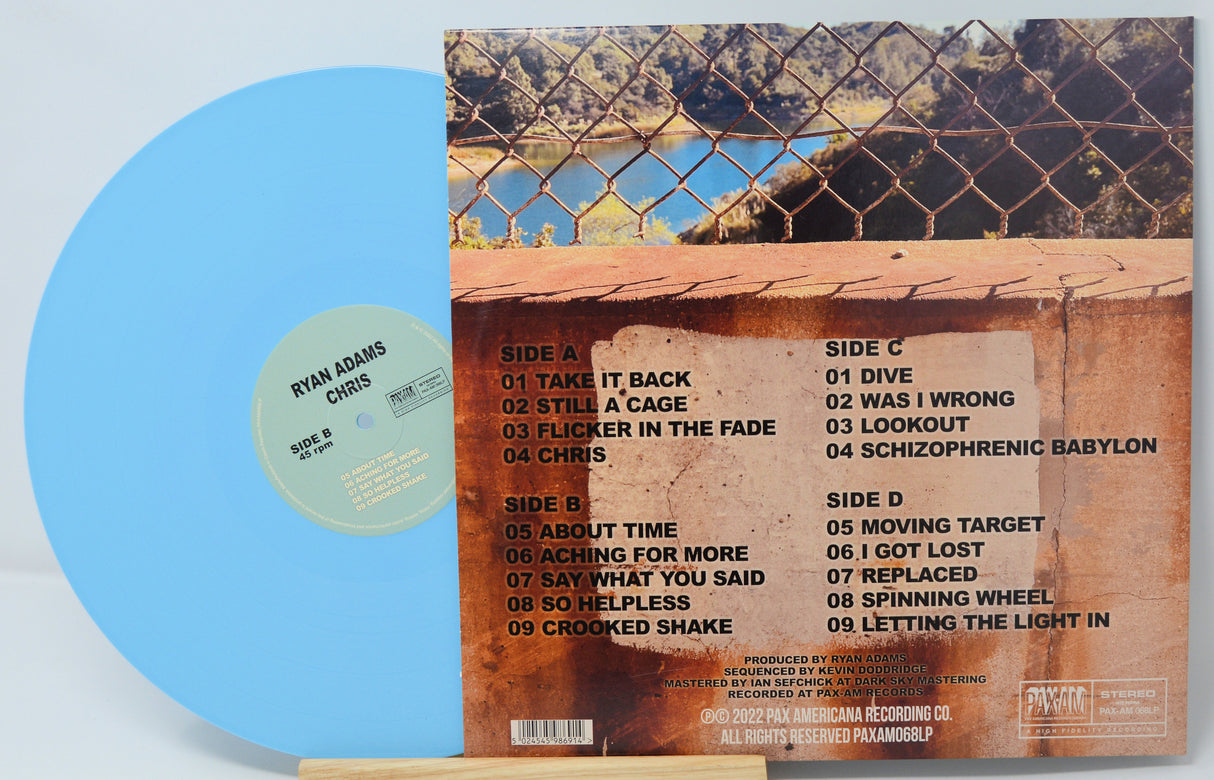 Vinyl record with a textured cover and tracklist on a light gray background