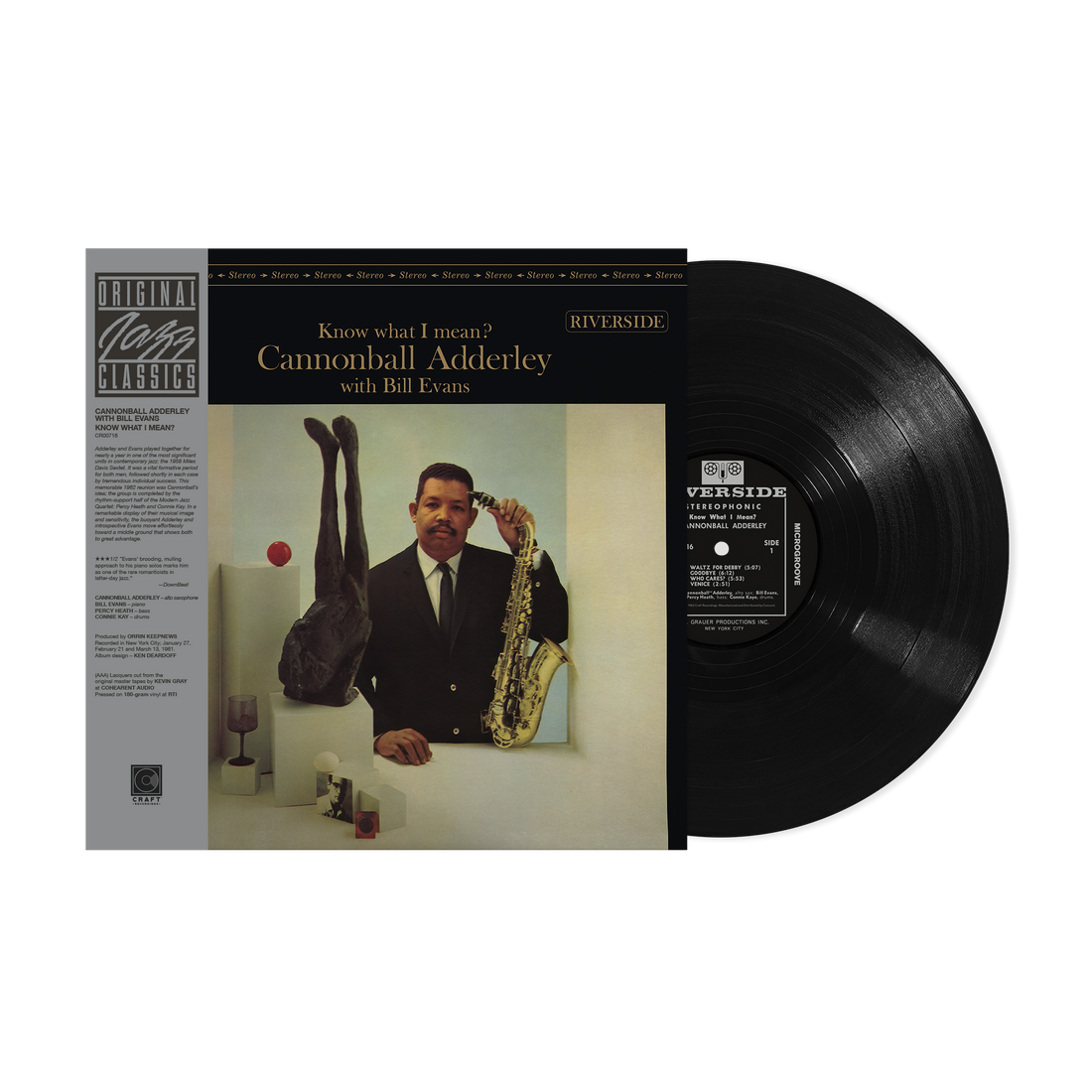 New vinyl record of Adderley, Cannonball / Evans - Know What I Mean? with album cover featuring a black and white image of a man holding a saxophone, against a white background with text and logo details.