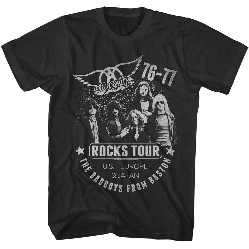 Black t-shirt with band graphic and text on a white background