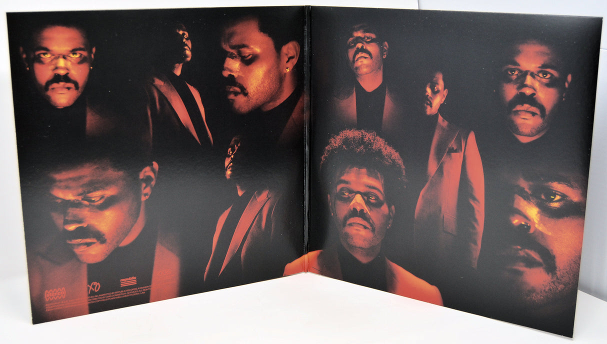 After Hours vinyl gatefold with multiple The Weeknd portraits in dramatic red lighting