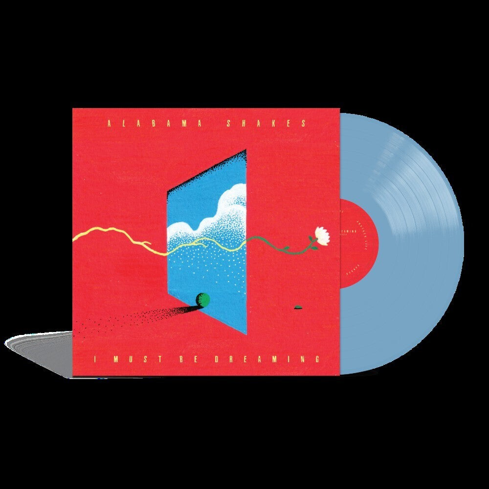 Alabama Shakes - Must Be Dreaming vinyl record album, featuring a red sleeve with a blue door illustration and a light blue translucent vinyl record partially pulled out, shown on a black background.