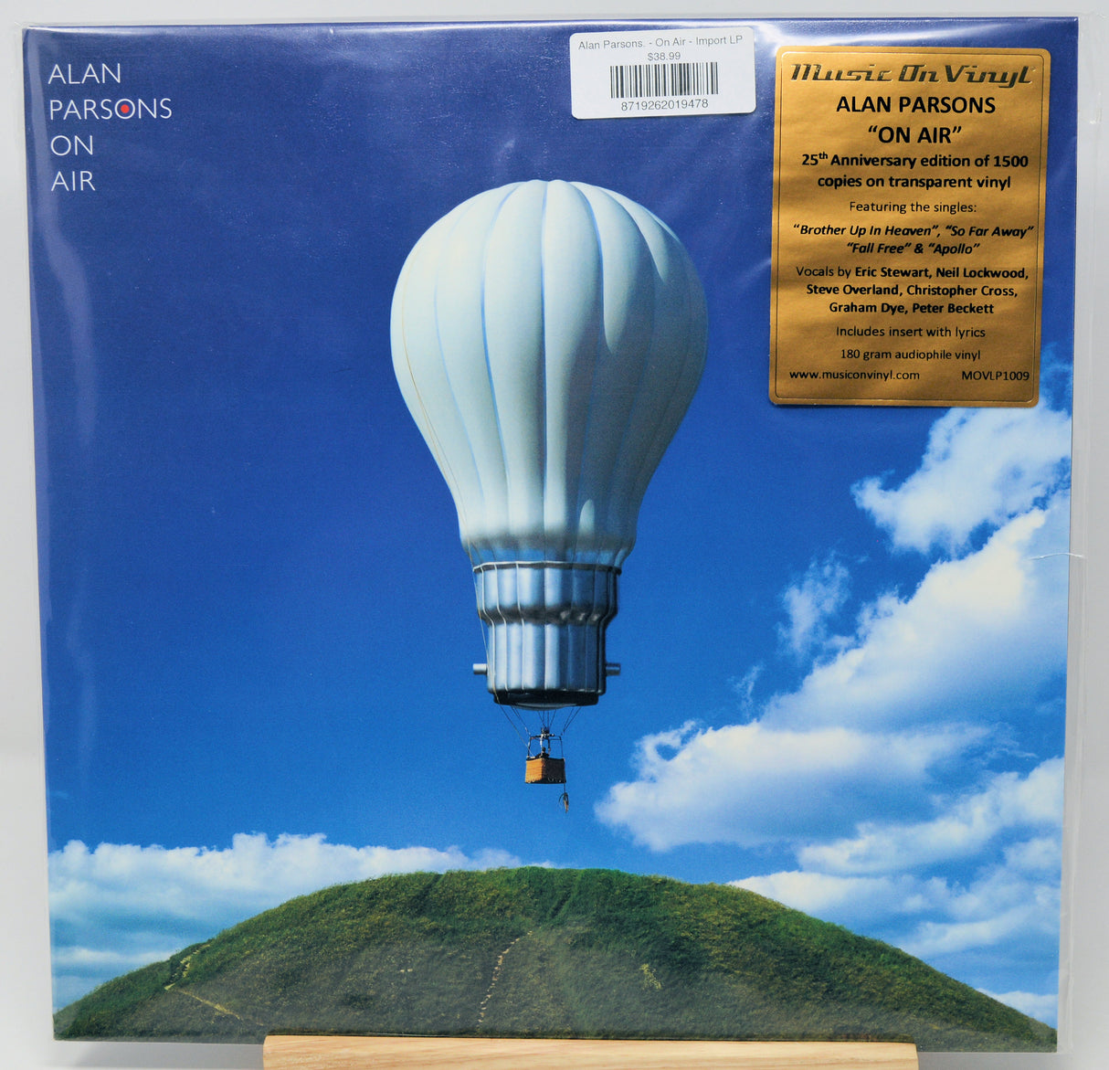 Alan Parsons 'On Air' 25th Anniversary 12-inch vinyl record sleeve, featuring the album artwork of a hot air balloon over a green hill under a blue sky, with a gold foil sticker on the top right.