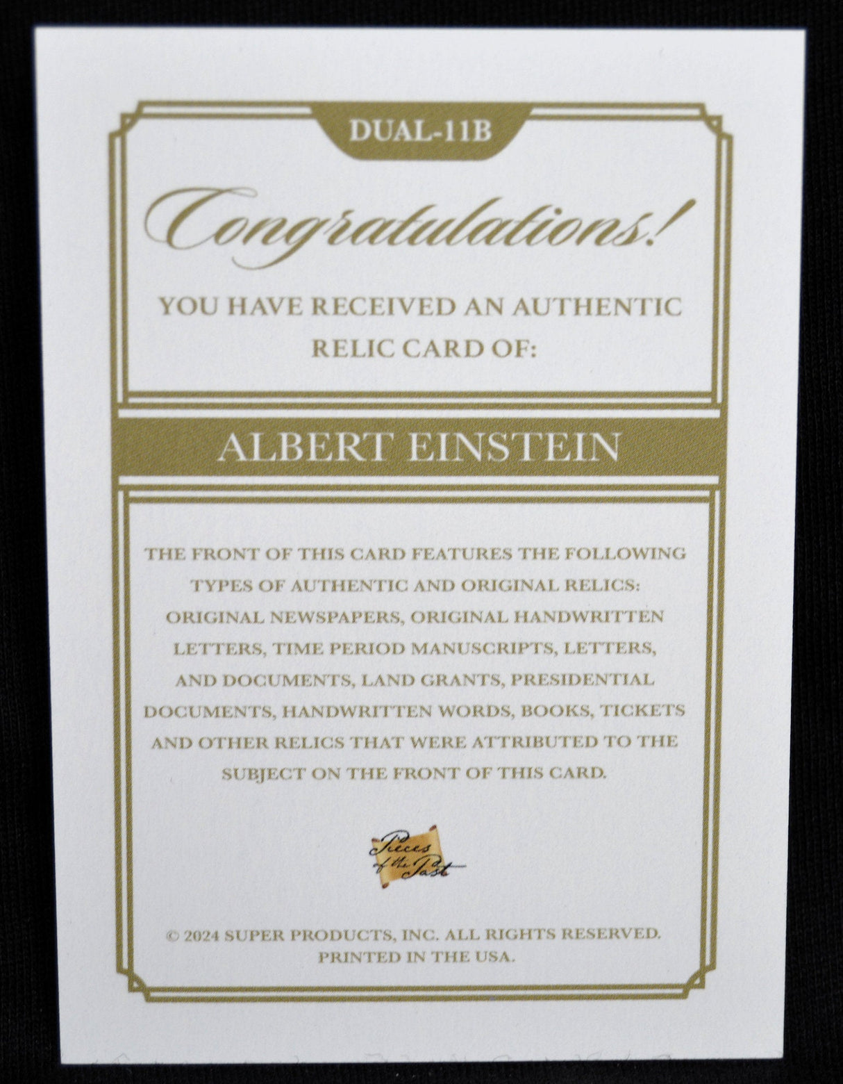 Certificate of authenticity for Albert Einstein relic card by Pieces of the Past