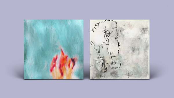 Two pieces of abstract art on a purple background