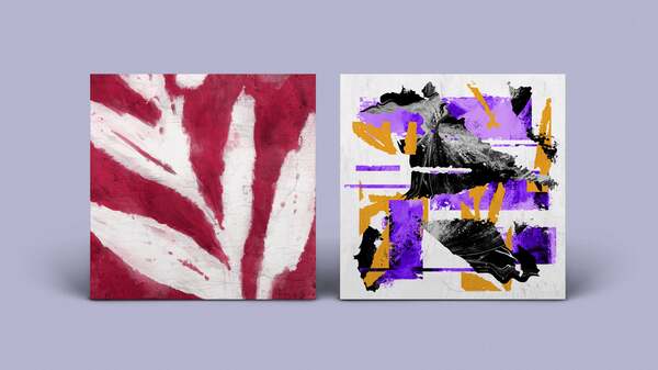 Two abstract art pieces on a gray background