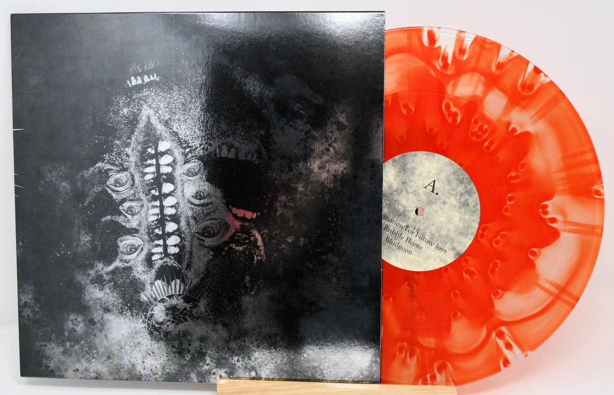 Dwindling Will Tunnels to God album cover showing surreal, eerie artwork and orange splatter vinyl