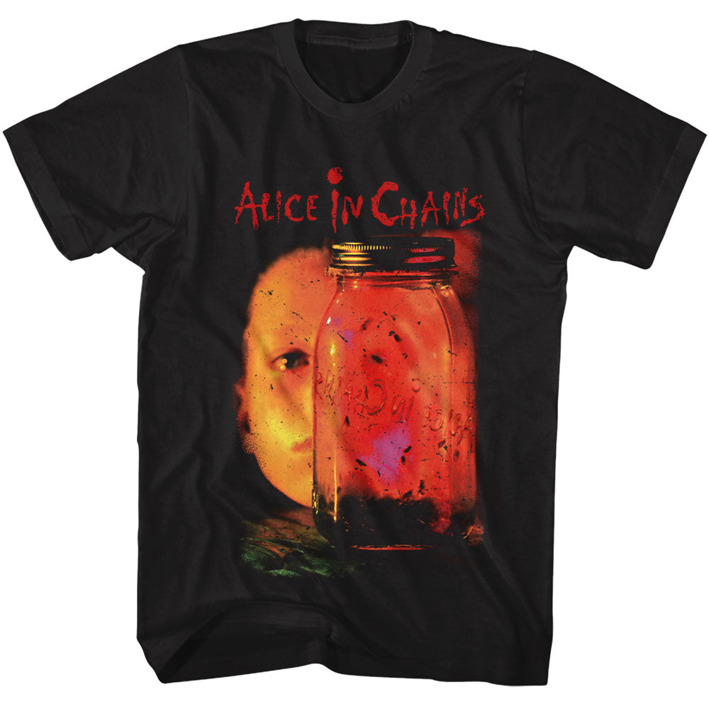 Black t-shirt with 'Alice in Chains' design featuring a jar and face.