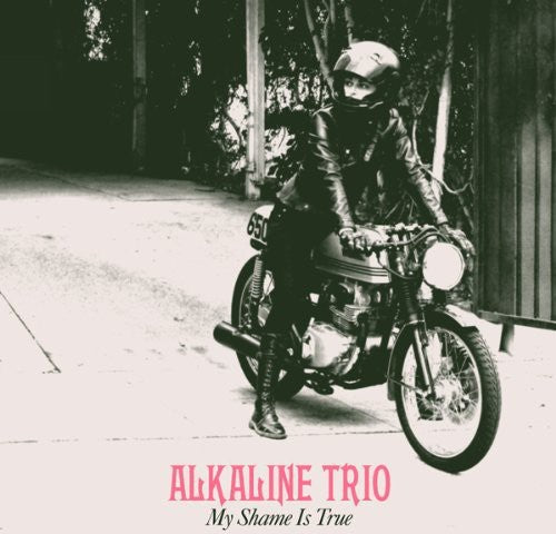 Album cover with a person on a motorcycle, text 'Alkaline Trio My Shame Is True' at the bottom.