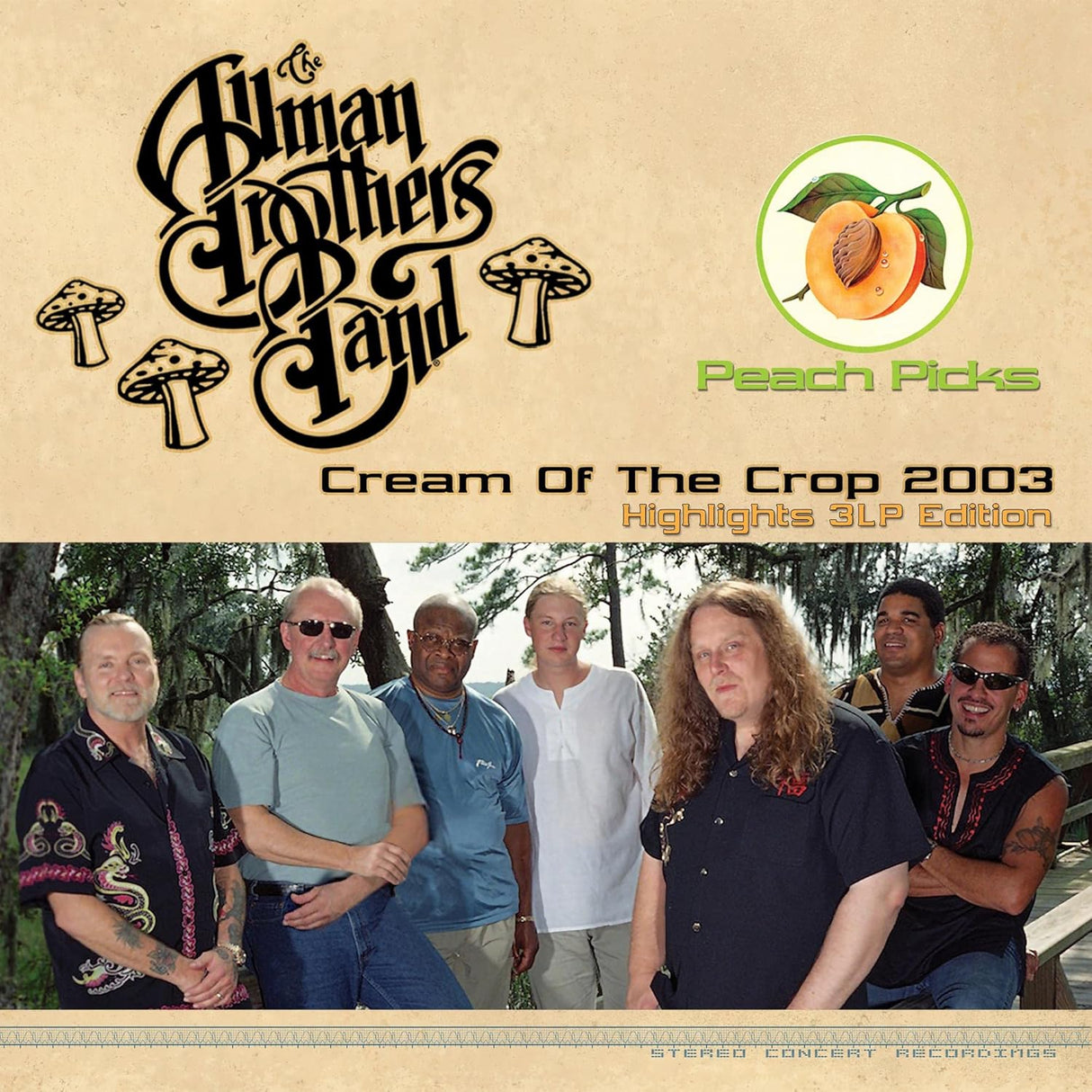 Album cover for 'Cream of the Crop 2003' by The Allman Brothers Band with band members and peach logo.