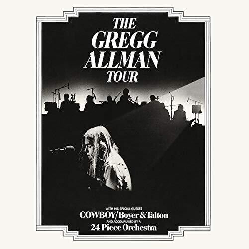 A vinyl record cover featuring a black and white image of Gregg Allman with his band and orchestra, titled 'The Greg Allman Tour'.