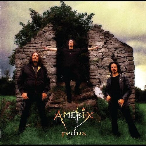 Three individuals in front of a stone structure with 'Amebix Redux' text on a album cover.