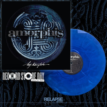 Amorphis vinyl record with blue disc and black cover on a textured background