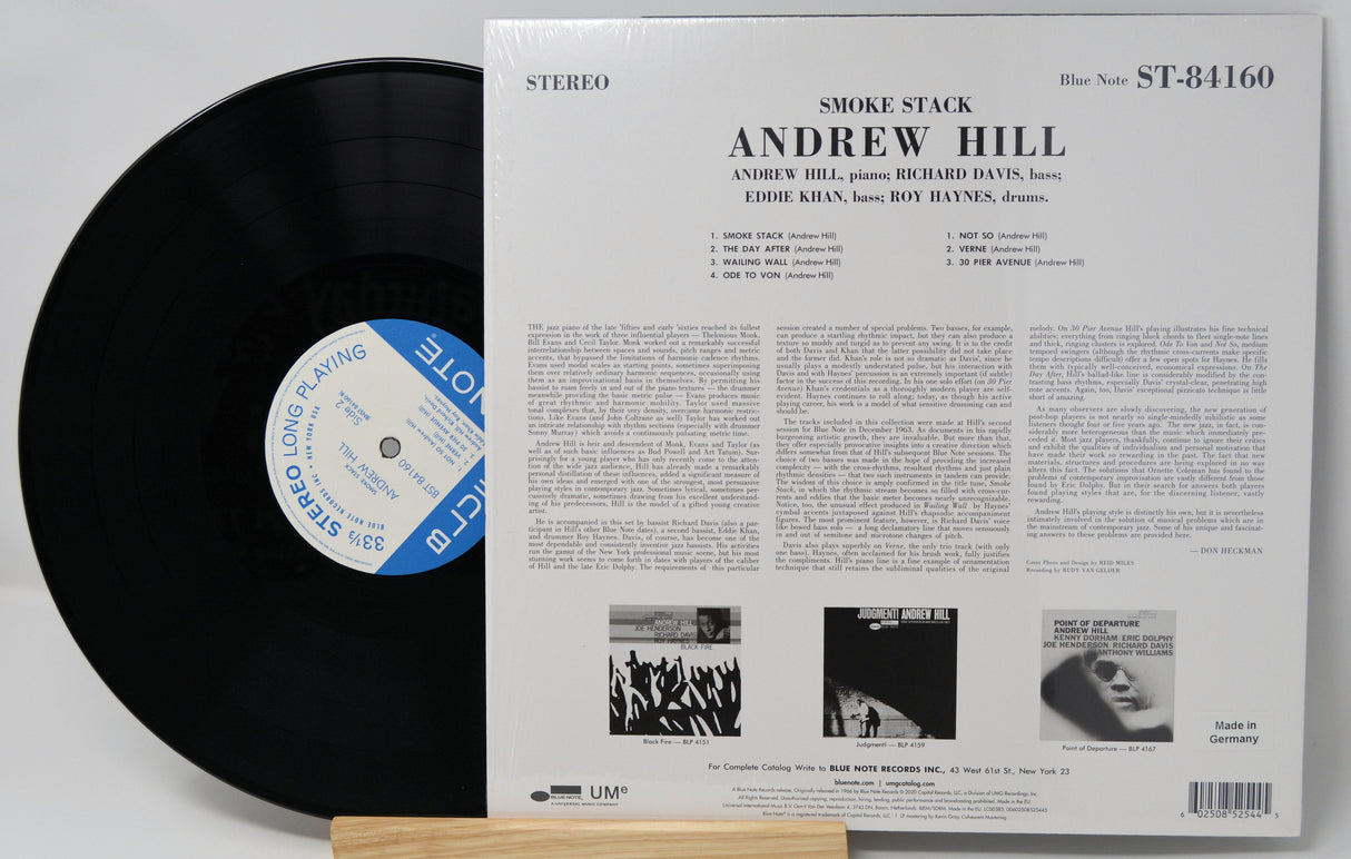 Back cover and vinyl record of Andrew Hill's Smokestack Blue Note LP showing tracklist and credits