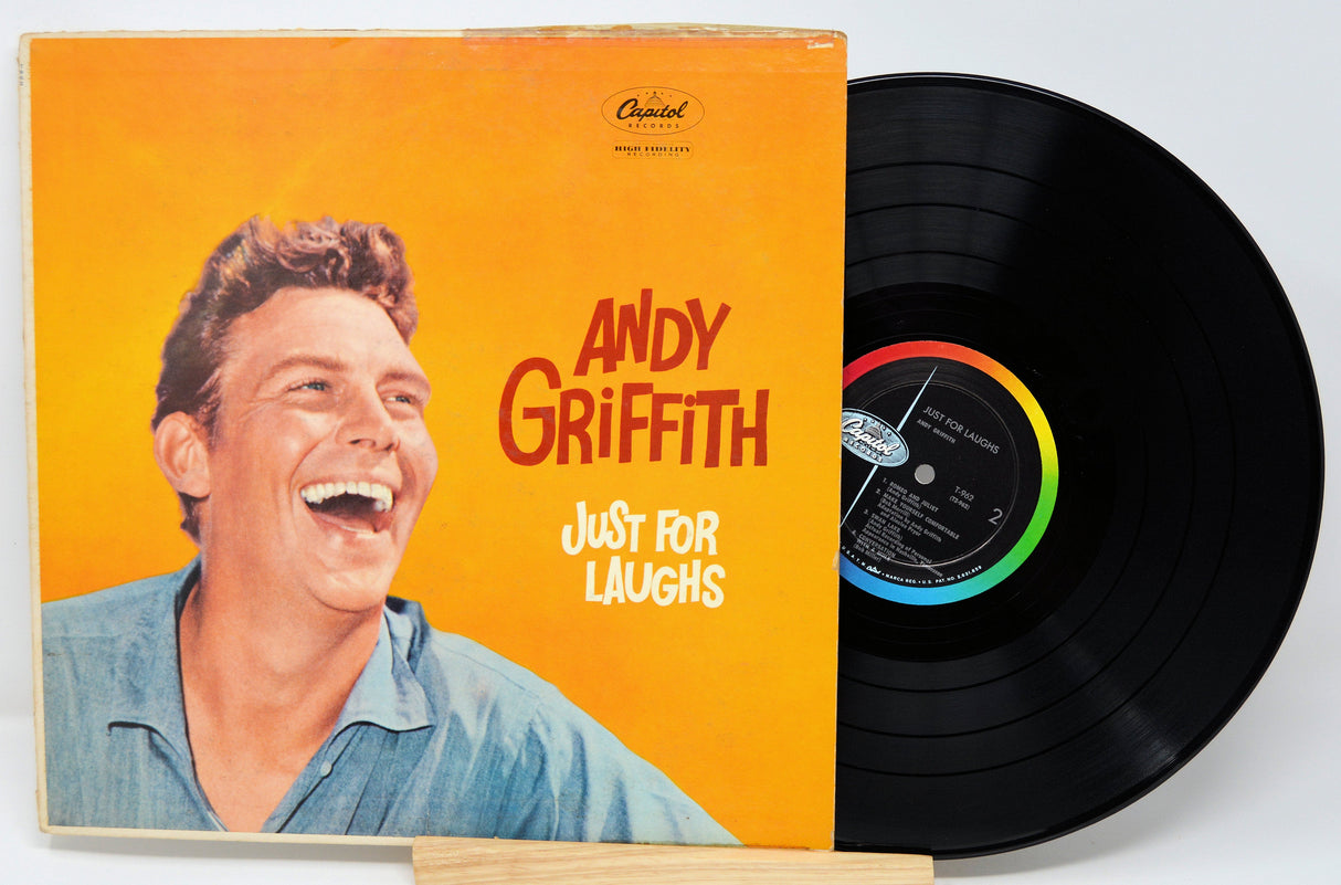 Front cover of Andy Griffith's 'Just For Laughs' LP with vibrant orange background and Andy Griffith laughing