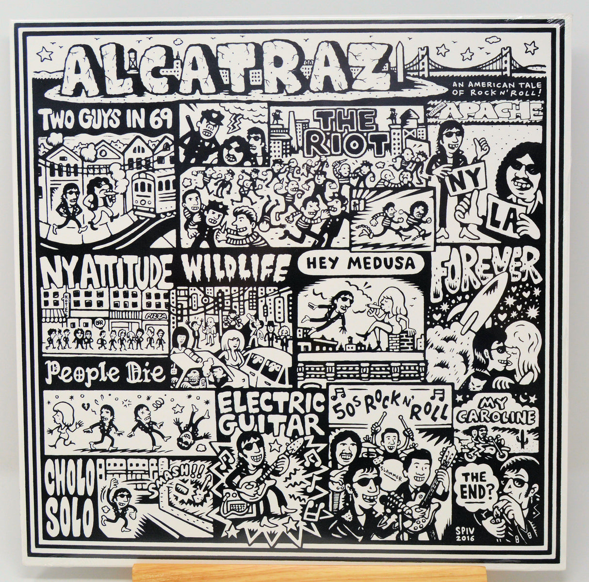 Record cover with an illustrated black and white design, featuring text and various cultural references such as a concert poster and a depiction of a character on a motorcycle.