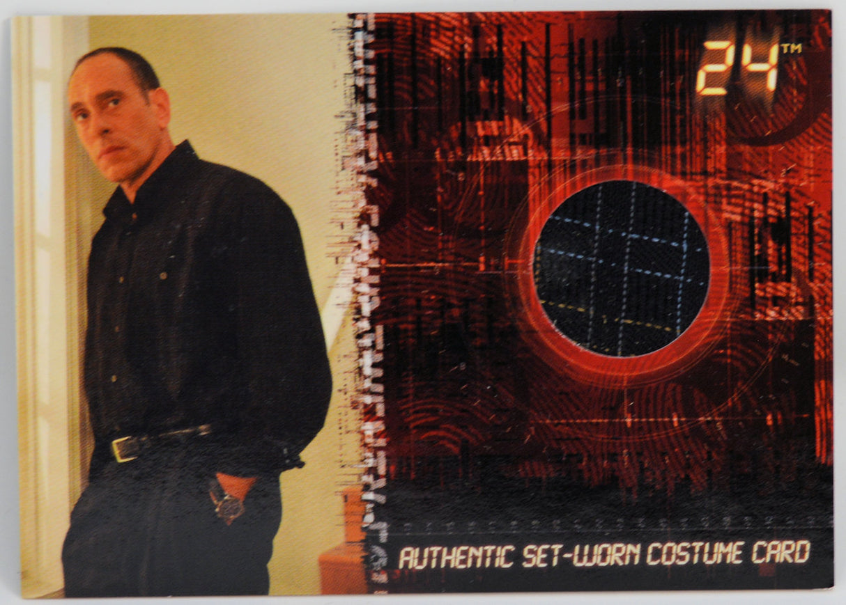 An authentic costume card from the 24 series, featuring a close-up of a male character with red and black colors in the background, indicating it's a collectible memorabilia item.