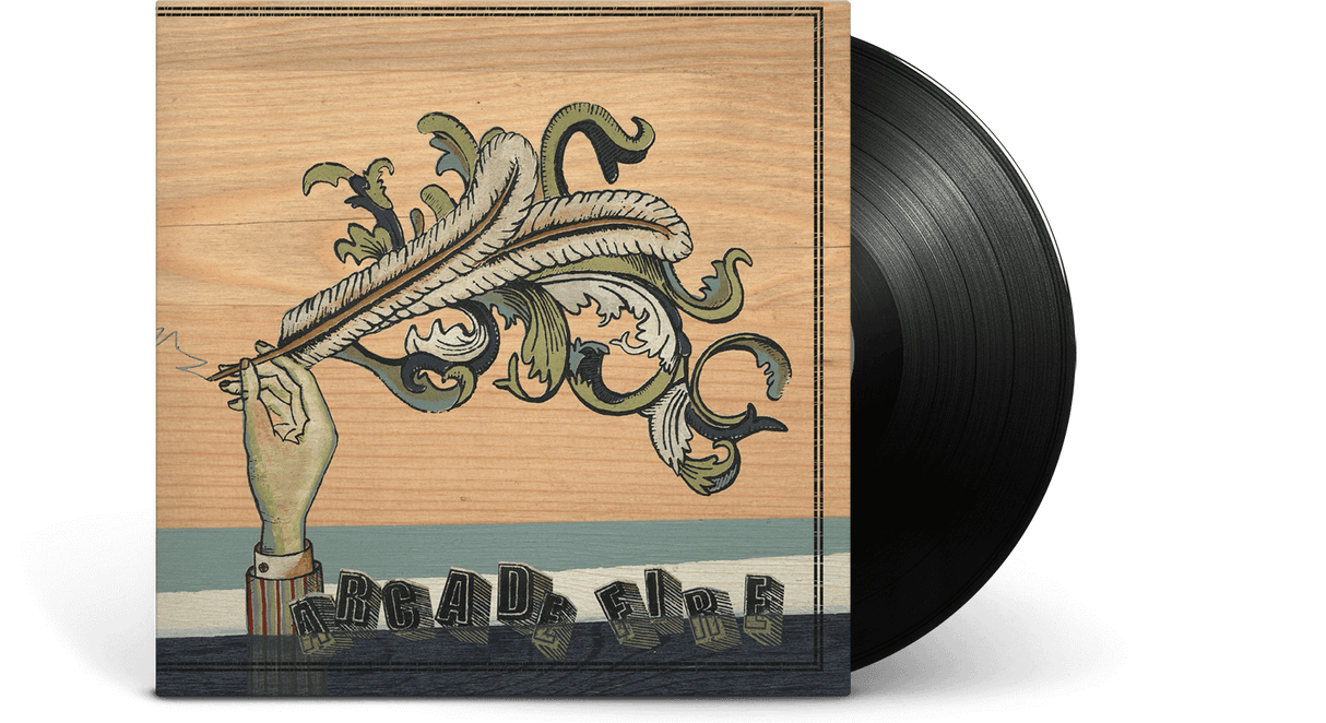 Vinyl record with a wooden cover featuring a hand holding a feather and text.