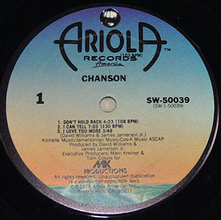 Close-up of Ariola Records Chanson vinyl LP label listing Side 1 tracks