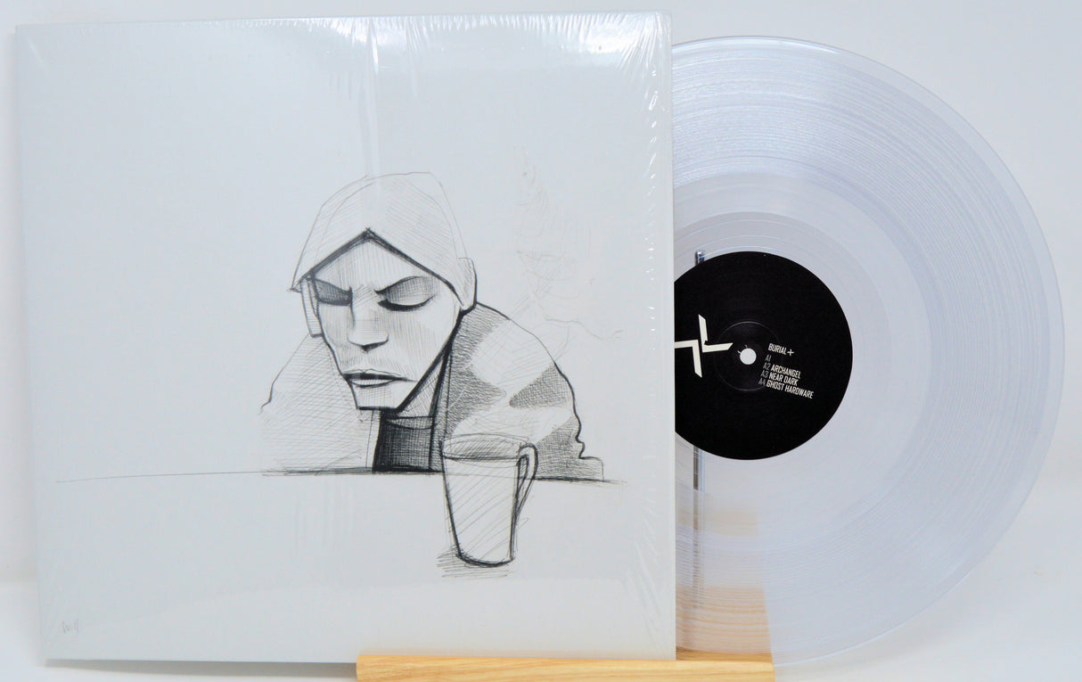 Sketched character and steaming cup artwork on Burial Untrue limited edition vinyl