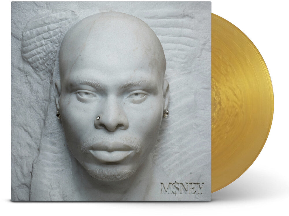 Vinyl record with a marble-like cover featuring a face and the name 'MONEY'.