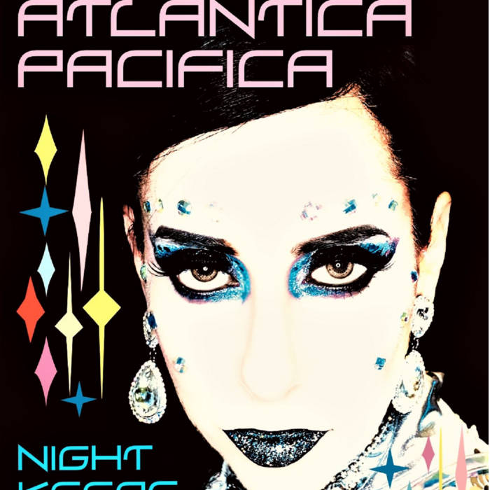 Album cover with stylized face, colorful geometric shapes, and text 'Atlantica Pacifica Night'.