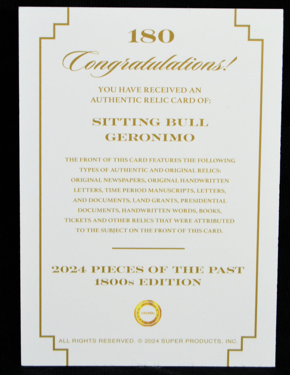 Congratulations card for Sitting Bull and Geronimo authentic relic card, 2024 Pieces of the Past 1800s Edition