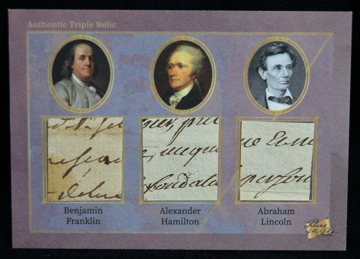 Triple relic card showing authentic handwritten relics of Franklin, Hamilton, and Lincoln with portraits