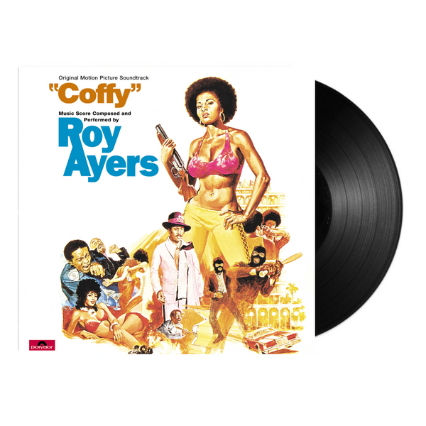 Vinyl record with 'Coffy' album cover featuring a woman holding a gun and other characters.
