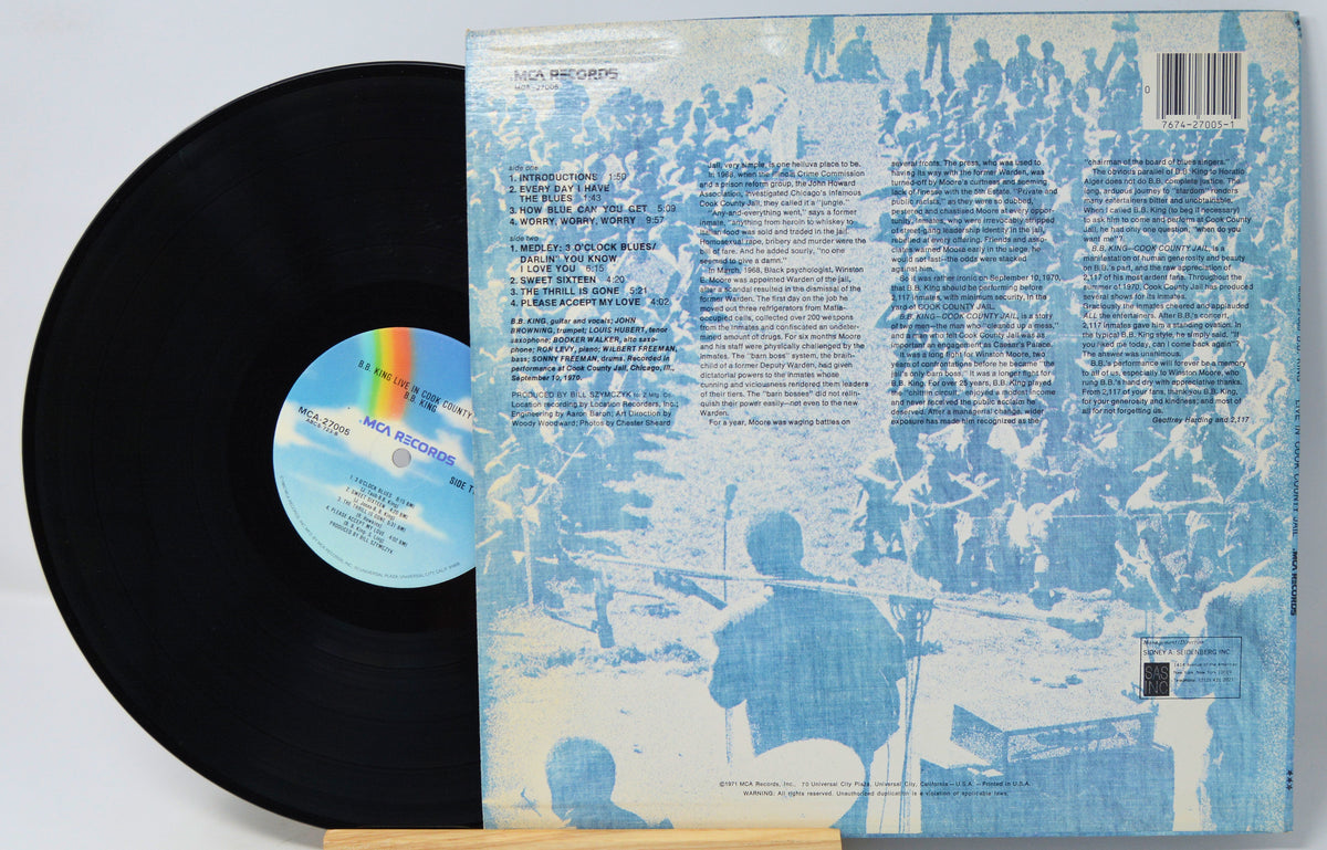 A vinyl record partially pulled from its back cover sleeve, photographed on a plain light background. The record is black with a blue-and-white center label featuring a rainbow arc.