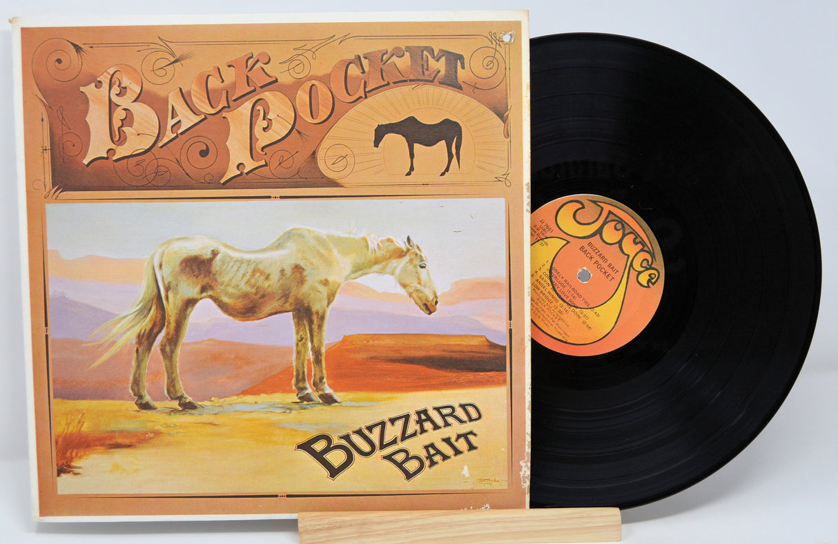 Vinyl record with a horse illustration on the cover titled 'Back Pocket' by 'Buzzard Bait'.
