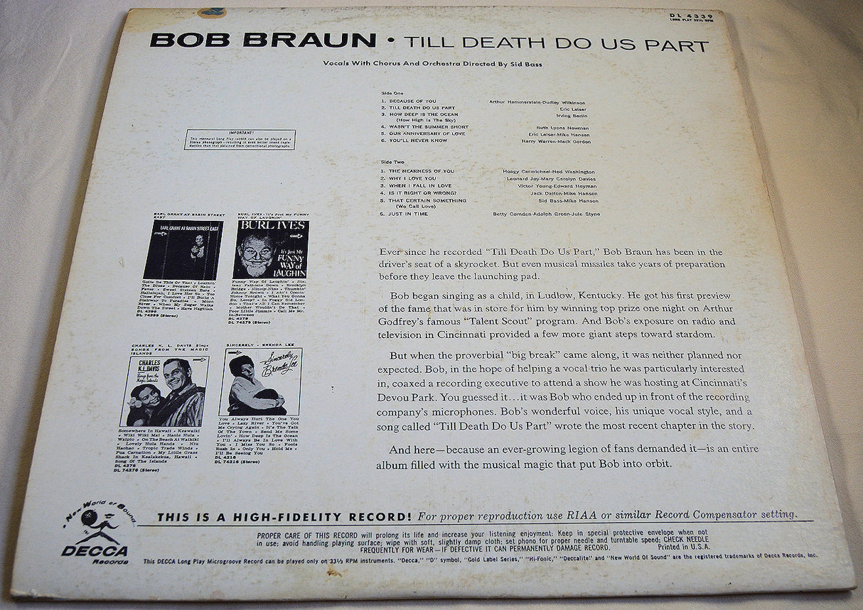 Back cover of Bob Braun's 'Till Death Do Us Part' album showing track list and liner notes