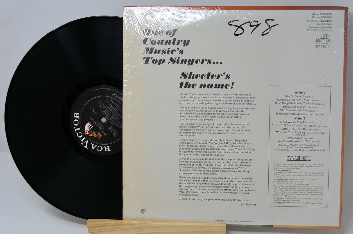Back cover of Skeeter Davis's 'Why So Lonely?' RCA Victor vinyl album with included tracklist and open record