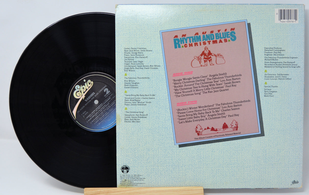 Back cover of 'An Austin Rhythm and Blues Christmas' vinyl record showing song list and credits