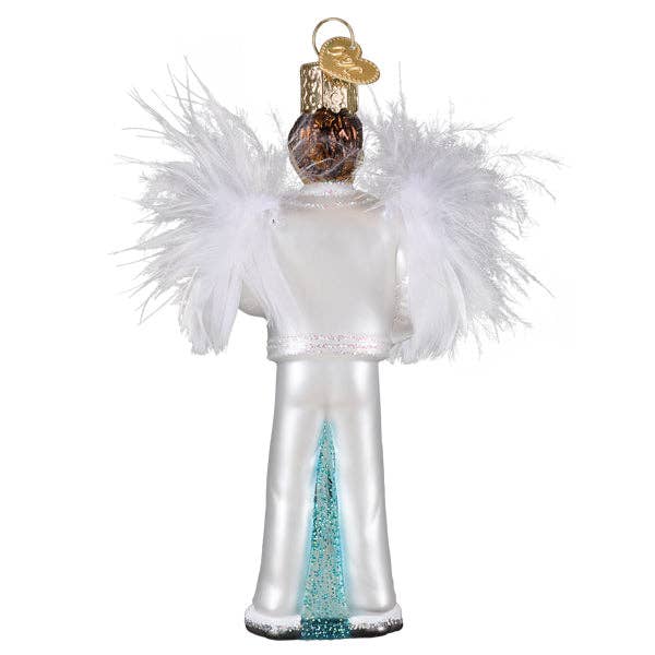 Back view of glam rock singer ornament highlighting white suit and blue glitter accent