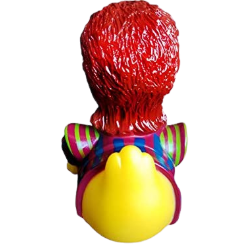 Front view of Ziggy Starduck rubber duck, showing bold stripes and facial makeup