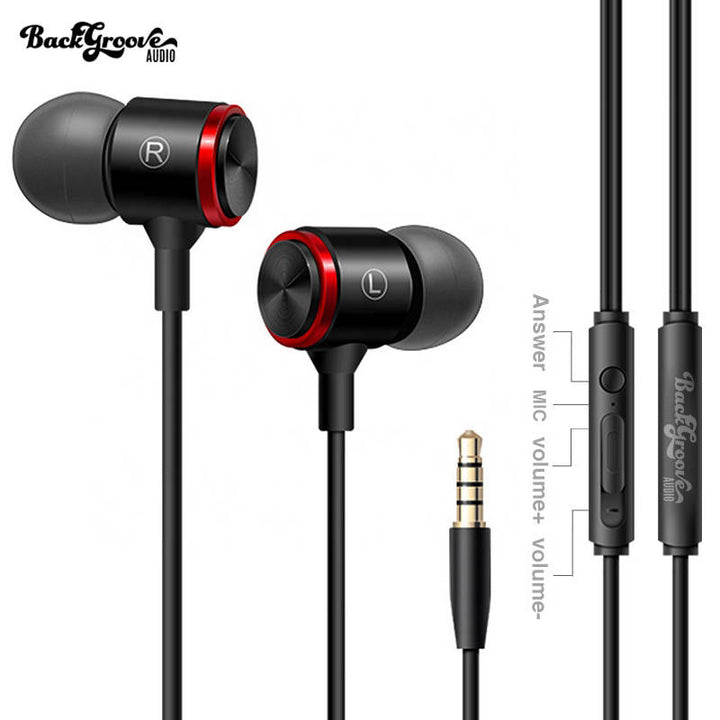 Black and red earphones with control buttons on a white background, featuring the Backgroove Audio brand.