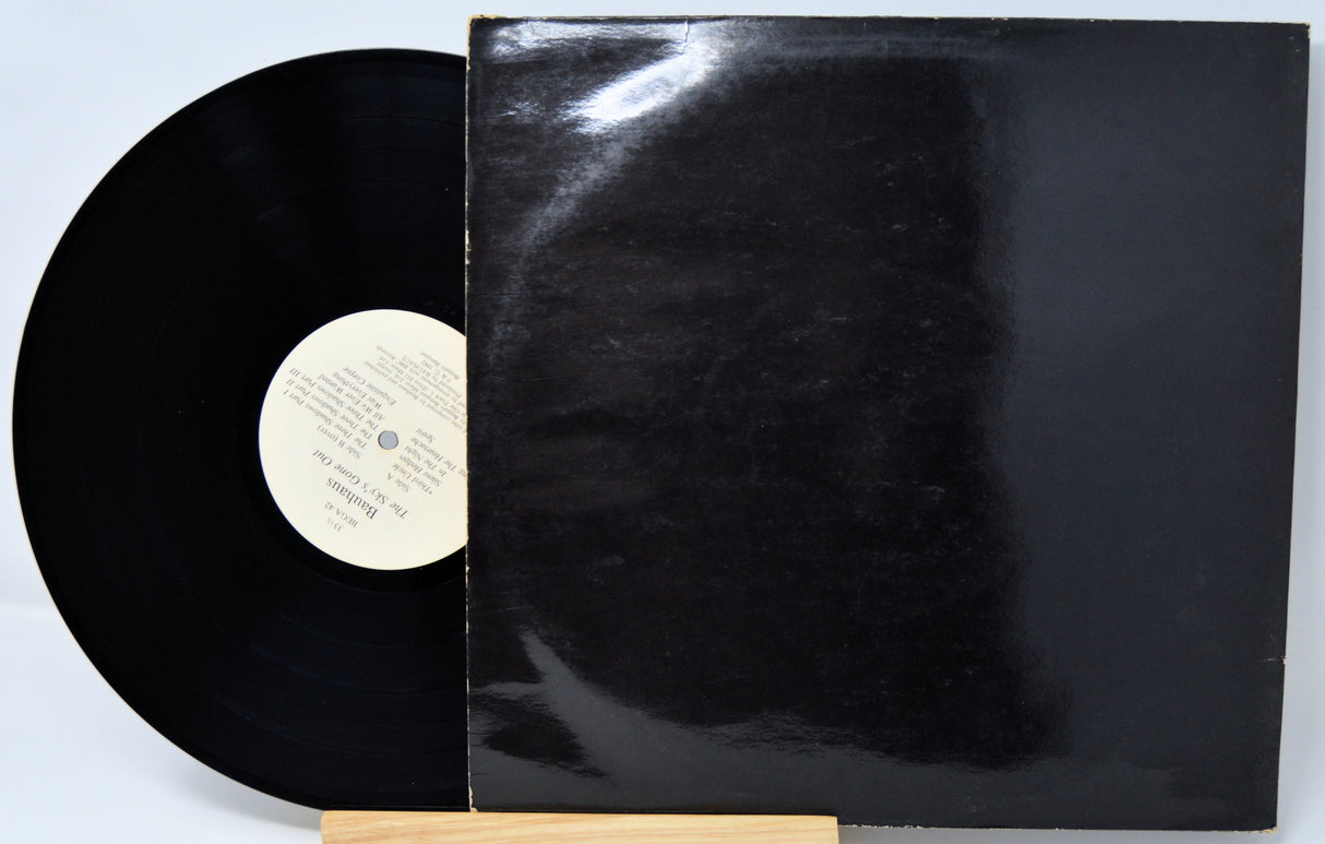 Black vinyl record with a white label on a light blue background