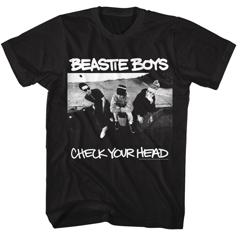 Black t-shirt with Beastie Boys graphic and 'Check Your Head' text on a white background
