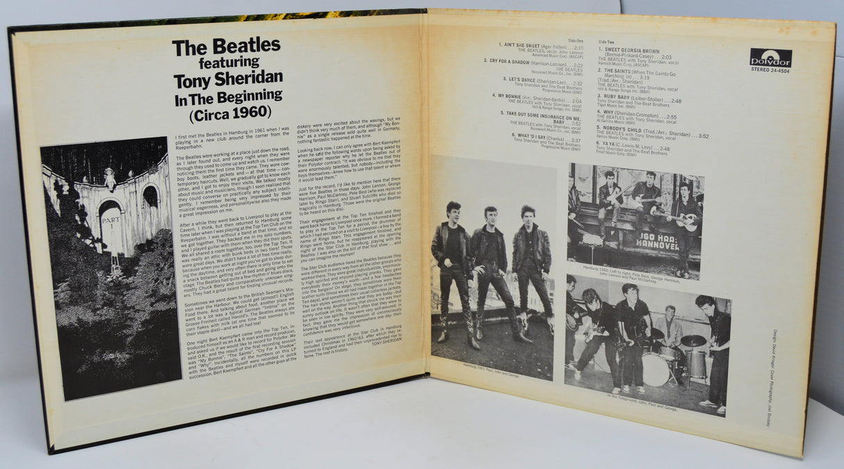 Album liner notes with text and black and white photos of The Beatles featuring Tony Sheridan.